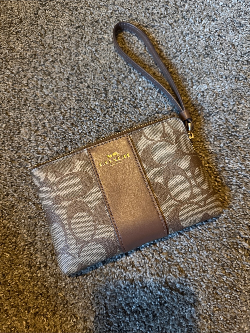 COACH Brown Signature Canvas Wristlet with Leather Trim